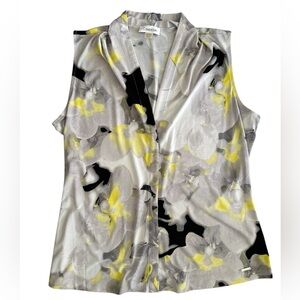 Calvin Klein Gray, Yellow & Black Floral Sleeveless V-Neck Blouse